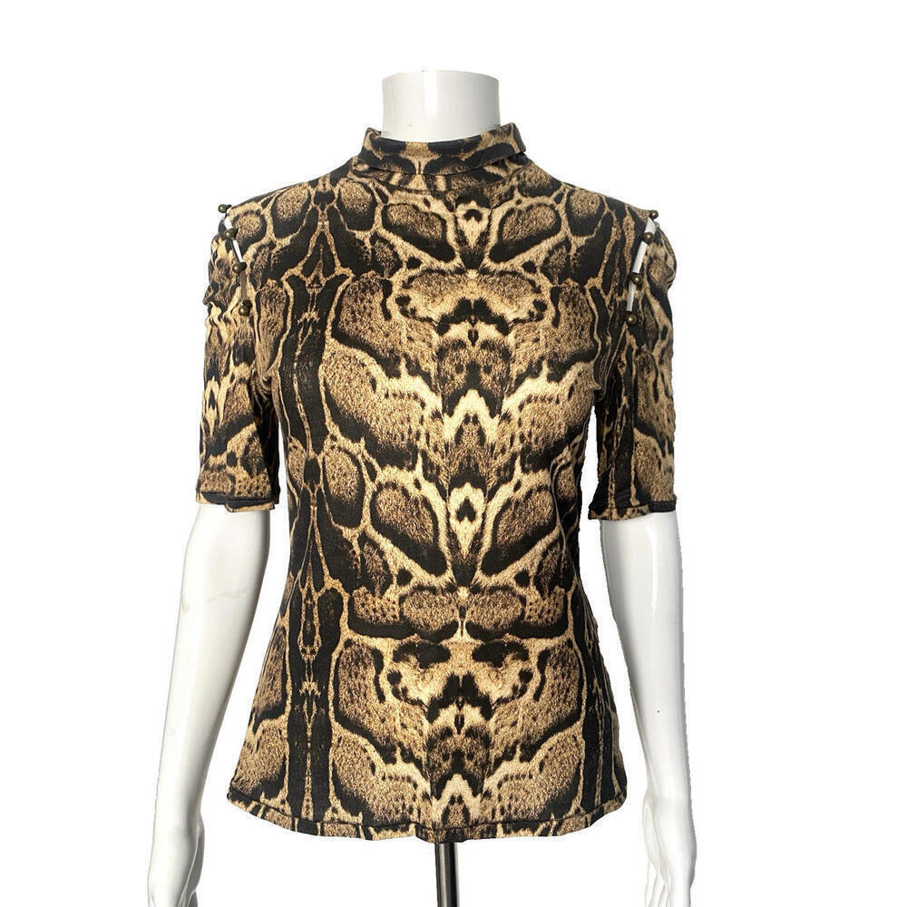 Vintage 2003 Roberto Cavalli M Short Sleeve Turtleneck Animal Print Top Brown